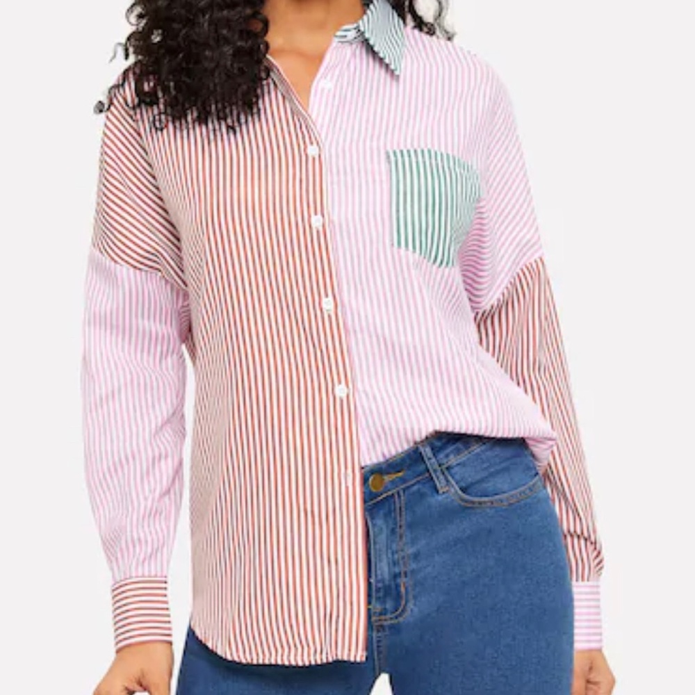 Preppy Stripe Color-block Button Up Shirt - Picture 1 of 4